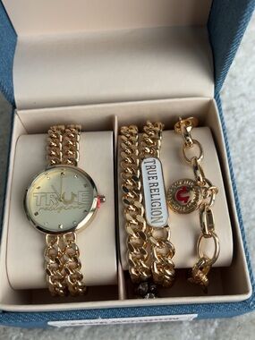 True Religion Gold Tone Women's Watch and Bracelet Trio